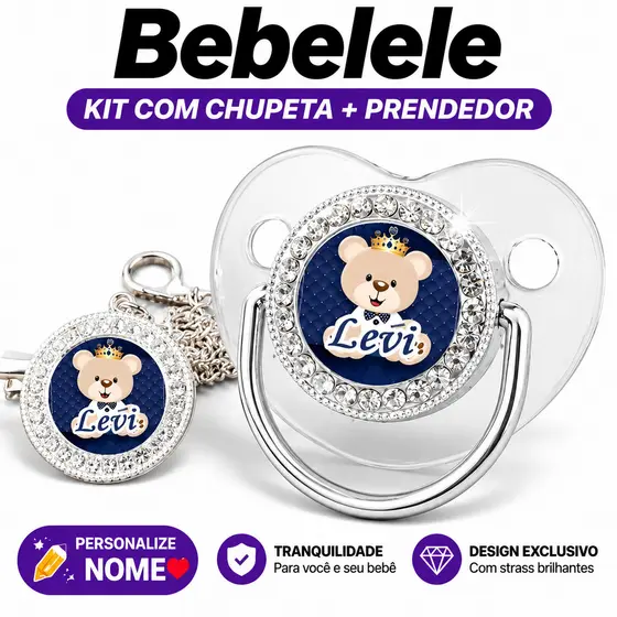 Chupeta de bebê prateada transparente, inclui prendedor de chupeta, nome e foto personalizados