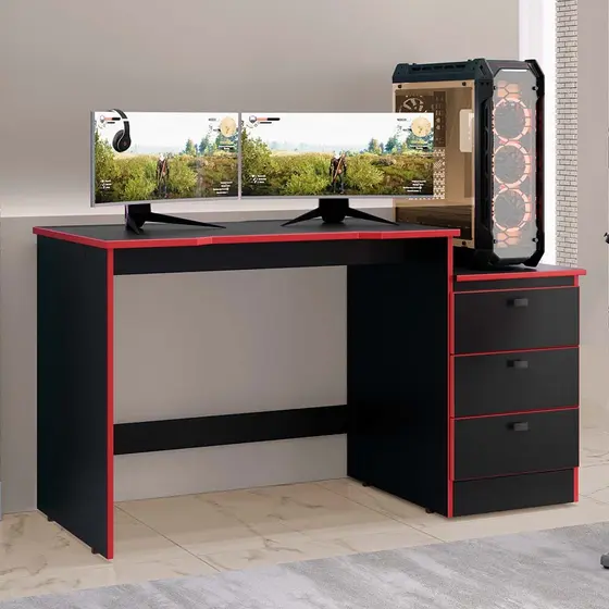 Mesa Gamer Pro 100% em MDF 3 Gavetas Kit pés