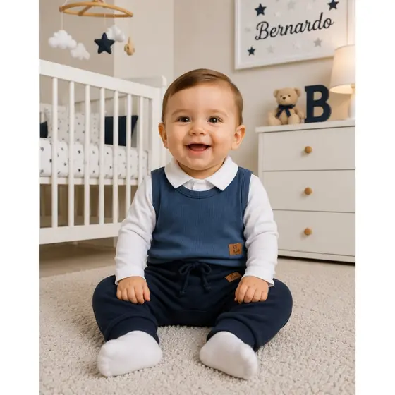 Conjunto Bebê Body Gola Polo com Colete e Calça Jogger