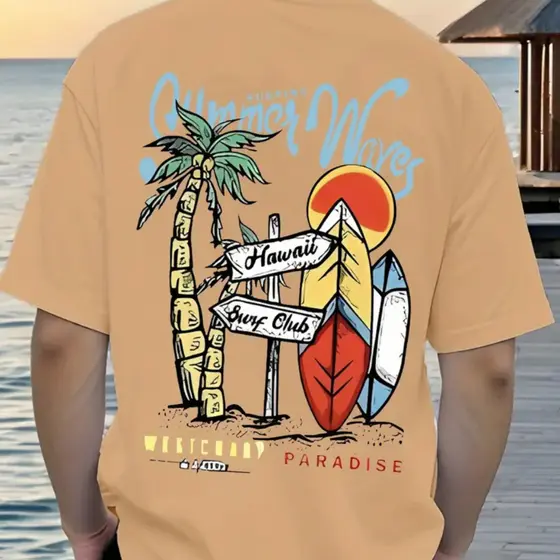 Camiseta Masculina 100% Algodão Streetwear Casual Básica Camisa Estampada Summer Waves Pranchas Surf Multicoloridas