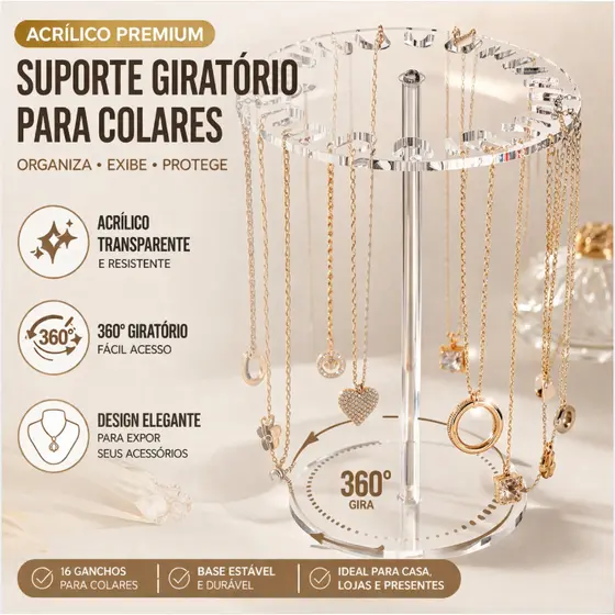 Organizador de Colares em Acrílico 18 Ganchos Giratório 360° para Penteadeira