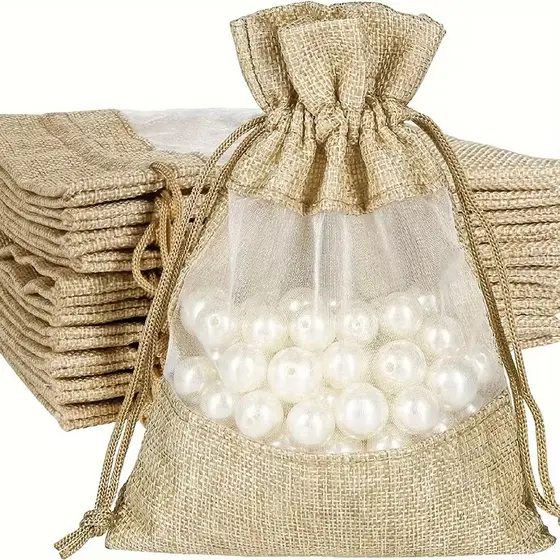 Kit com 10 Unidades Saco Juta Algodão Crú Com Visor