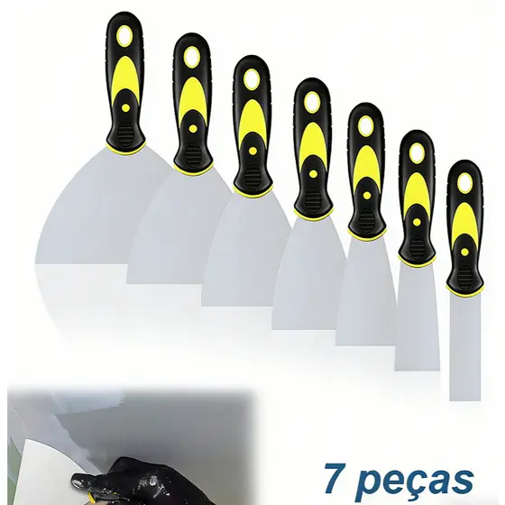 Kit 7 Espátulas de Aço Inox Profissional com Cabo Emborrachado – Tamanhos 1" - 5" – Para Massa Corrida,Drywall e Pintura
