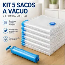 Kit 5 Sacos Organizadores a Vácuo 50x60 + Bomba Manual para Viagem e Roupas, Reutilizável Economiza Espaço