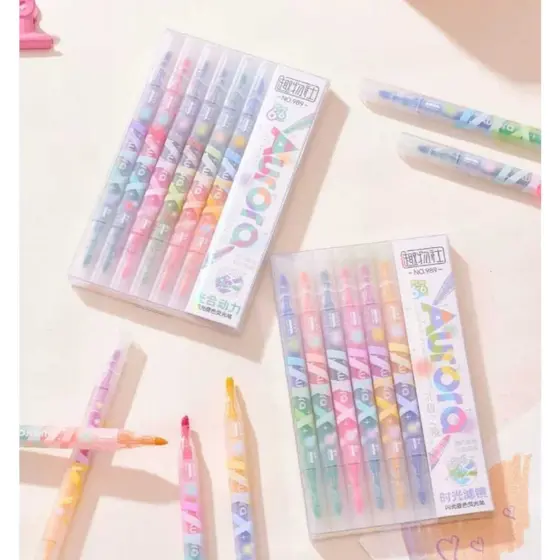 Kit 6 Canetas Marcadora de Texto Duas Pontas, Marca Texto, Ponta Fina, Conjunto de Canetas Marca, Papelaria, Escritório