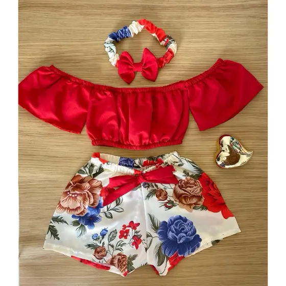 Ciganinha 3 peças (0 a 6 anos) Blusa + Short + Tiara PERFEITO! Só hoje conjunto feminino menina recém nascido