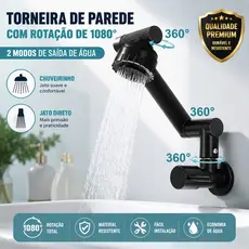 Torneira Gourmet de Parede Rotativa Flexível 360° para Pia de Cozinha e Banheiro, 2 Jatos, Metal/ABS