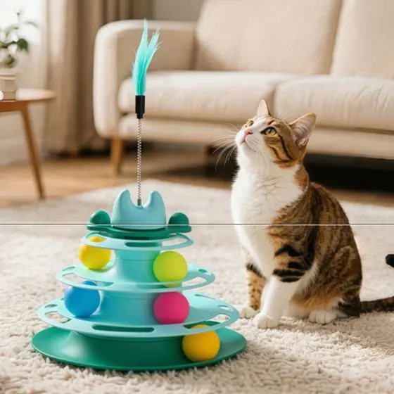 Torre de Brinquedo para Gatos de 4 Andares, com 3 Bolinhas e Penas, Estimula a Energia dos Gatos