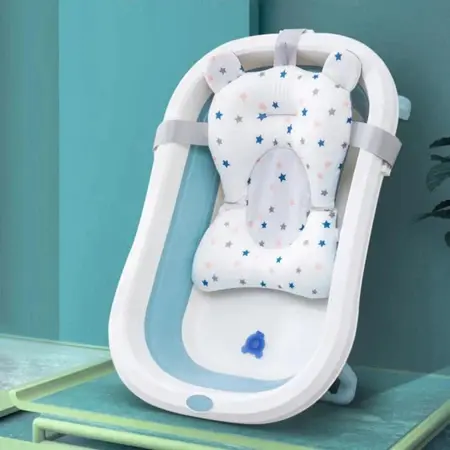 Banheira de bebê dobrável portátil com suporte + tapete de banho estrela antiderrapante