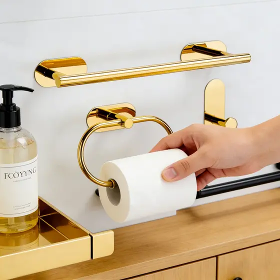 Kit Acessórios Banheiro (4 Peças) – Aço Inoxidável/Dourado, Adesivo Sem Furar Parede, Inclui Toalheiros