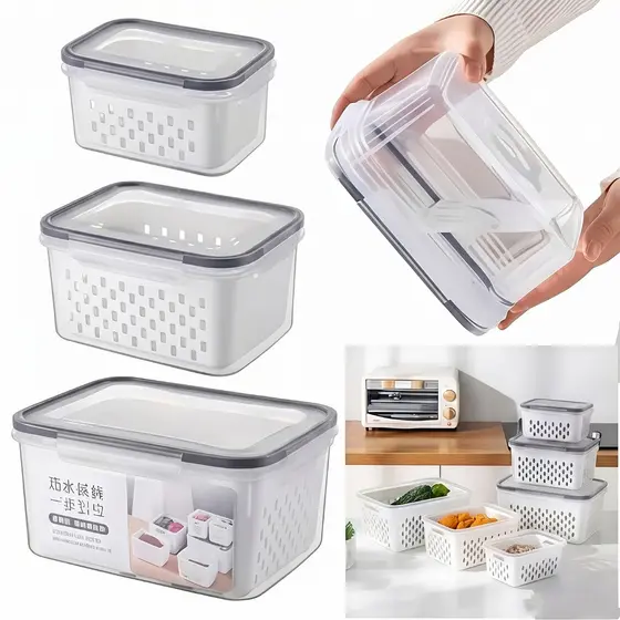 Kit 3 Organizadores Potes Hermetico Geladeira 850ML/1750ML/3300ML Alimentos Vegetais