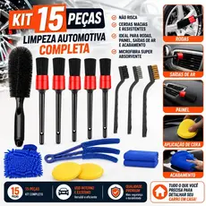 Kit 15 Peças Lavagem Automotiva Escovas+Luva Microfibra+Aplicador de Cera+Completo para Limpeza e Estética Automotiva