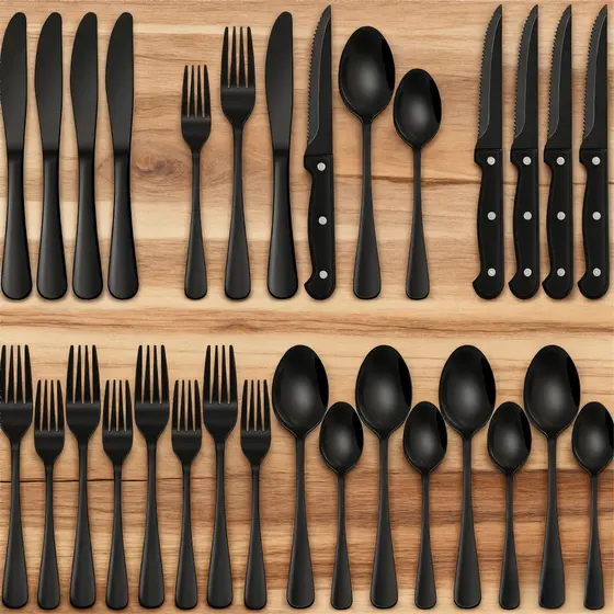 Conjunto De Talheres De Aço Inoxidável Preto Com 24 Peças, Conjunto De Talheres De Qualidade Alimentar, Conjunto