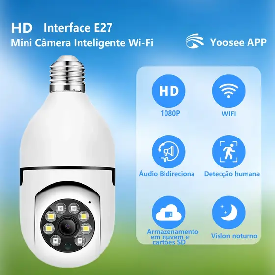 Câmera Inteligente Wi-Fi com Soquete E27 + Visão Noturna Colorida e Rotação 355°