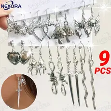 Kit de 9 Pares de Brincos Y2K Gótico | Prata Vintage Desgastada | Aprova d'Água