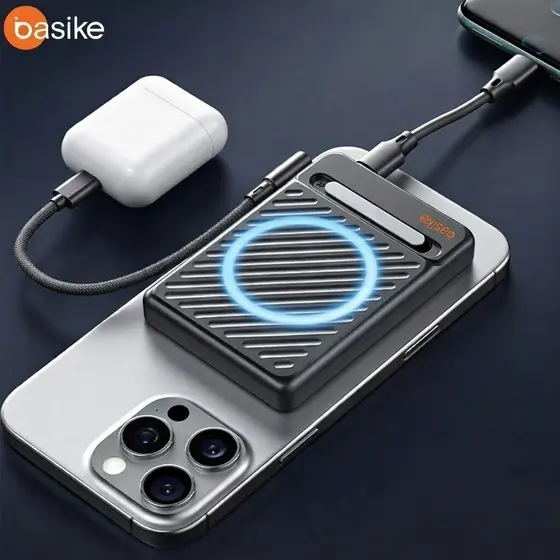 Basike Carregador Portátil Rápido Power Bank 10000mAh 22.5W com Suporte MagSafe 15W Sem Fio Tipo-C para iPhone Android