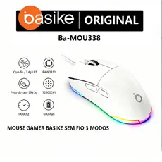 MOUSE GAMER BASIKE SEM FIO 3 MODOS | CONEXÃO BLUETOOTH 5.1, 2.4G e USB | RGB, 12800 DPI, RECARREGÁVEL