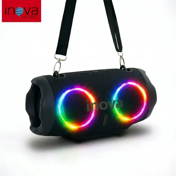 Inova Caixa de Som Bluetooth Portátil Boombox Grave Forte Bivolt 10W Rms Efeitos de iluminação RGB IPX6 festas