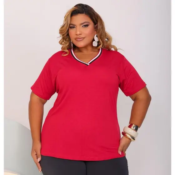 Blusinha Feminina Plus Size Gola V Basica Soltinha Manga Viscolycra
