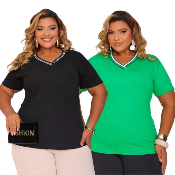 Kit 2 Blusinha Feminina Plus Size Gola V Basica Soltinha Manga Viscolycra