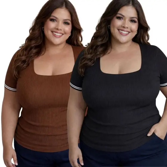 Kit 2 Blusa Decote Quadrado Plus Size Moda Feminina Tendência Verão