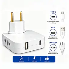 ⚡ Adaptador Tomada 180° Articulado Bivolt | 2 Tomadas + USB + Tipo C 2500W Resistente ABS