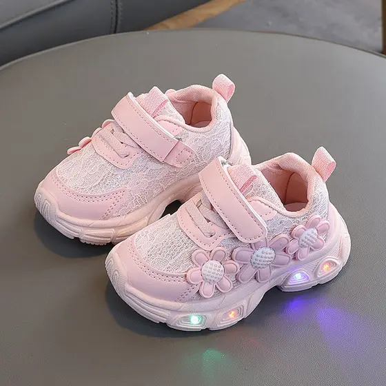 Tenis Infantil Meninas com Luz LED | Tênis Rosa de Malha Velcro para Leve e macio