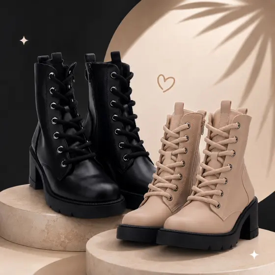 Bota Coturno Feminina Tratorada Salto Grosso Cano Médio Zíper Lateral Casual Confortável
