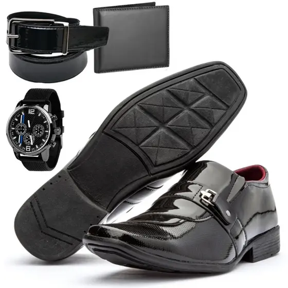 Kit 4 em 1 Sapato Social Masculino Com Carteira Cinto E Relógio