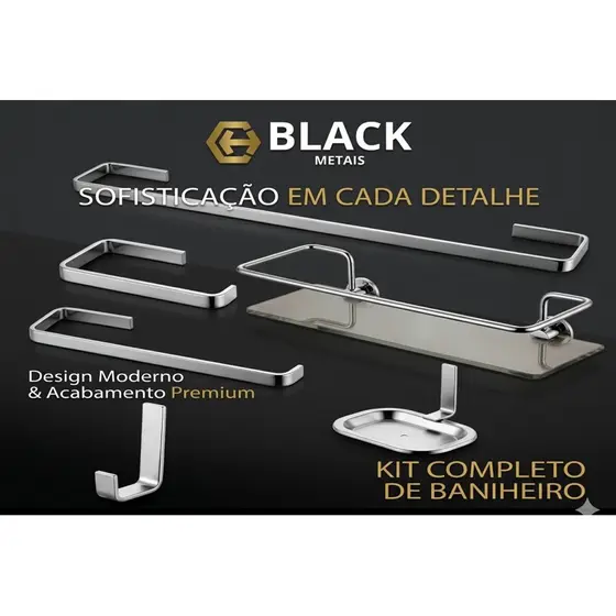 Kit Acessorios Para Banheiro Quadrado Aluminio + Porta Shampoo Reto