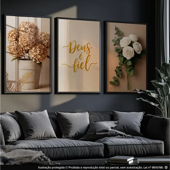 Quadro Decorativo Sala Quarto Deus é Fiel Flor Branca Vaso Flores Salmo 23