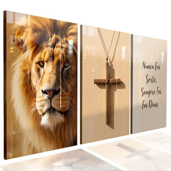 Quadro em Madeira Leão Judá com Cruz  Sala Quarto Decor