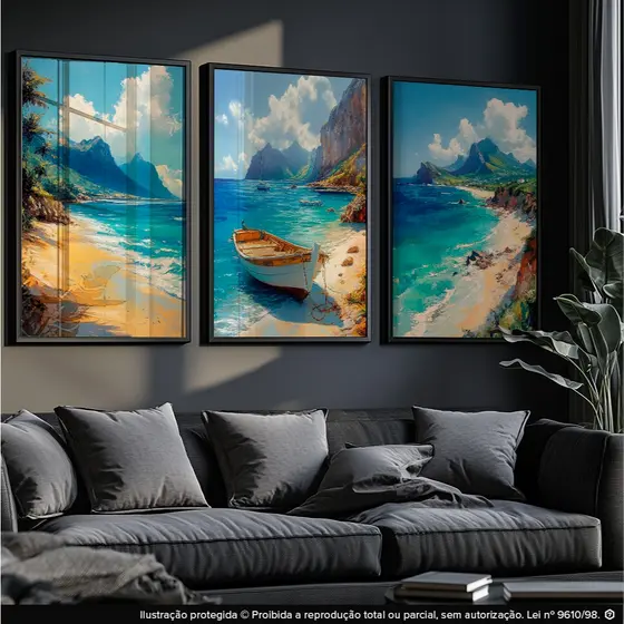 Quadro Decorativo Sala Quarto Pintura Praia Moderno 3 Peças
