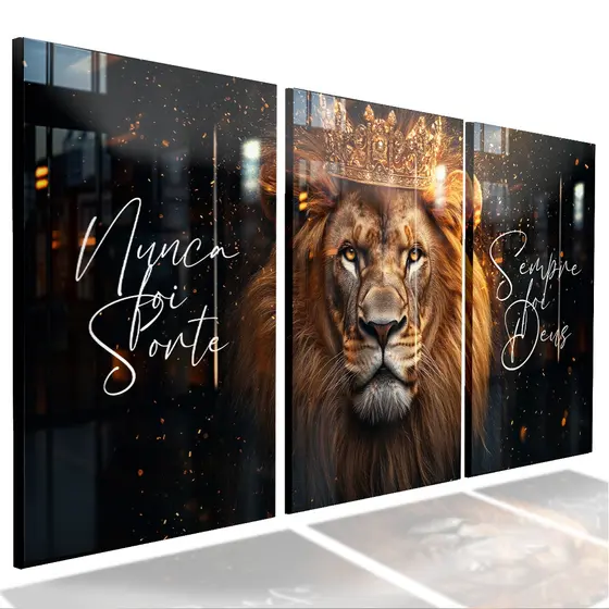 Kit 3 Quadro Decorativo Sala Quarto Leão Judá Salmo 23 Motivacional Religioso