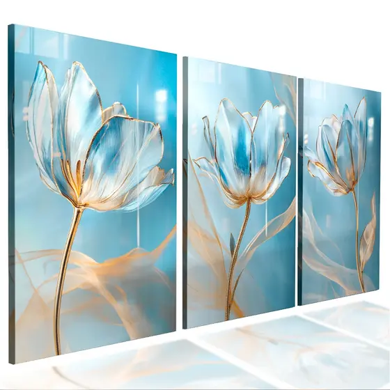 Quadro Decorativo Sala Quarto Árvore Colorida Pétalas Azul Kit 3 peças
