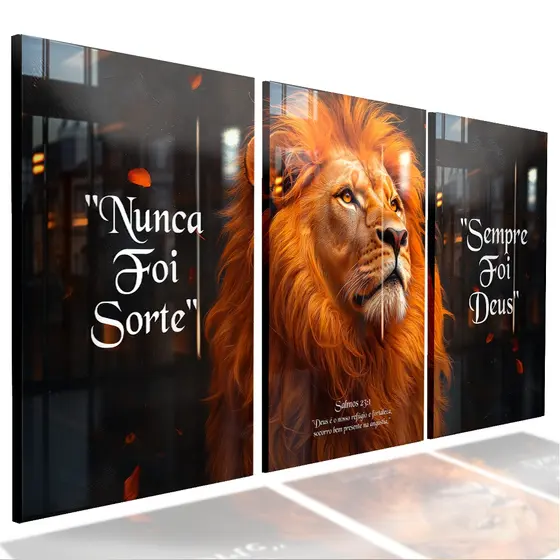 Kit 3 Quadro Decorativo Sala Quarto Motivacional Leão Judá Frase Religiosa