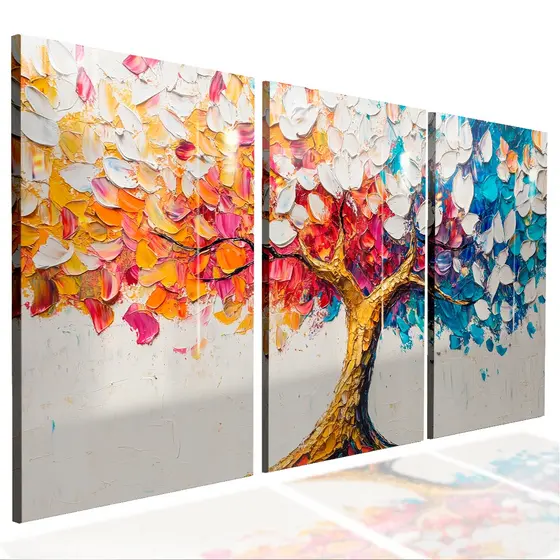 Kit 3 Quadro Decorativo Sala Quarto Árvore Colorida Pintura Abstrata