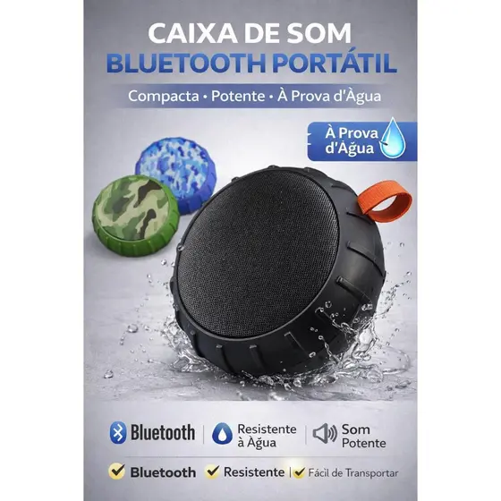 Caixa de Som Bluetooth Portátil 5W à Prova d’Água – com Gancho, USB, MP3 – Ideal p/ Banheiro, Praia e Viagem