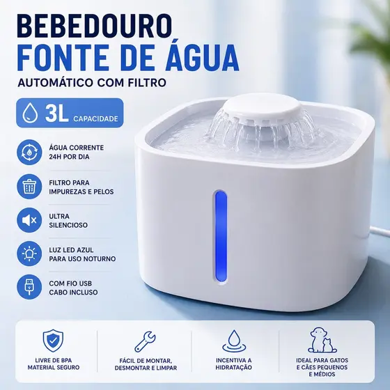 Bebedouro Fonte de Água Automático 3L para Gatos e Cachorros com Filtro USB LED Silencioso Livre de BPA