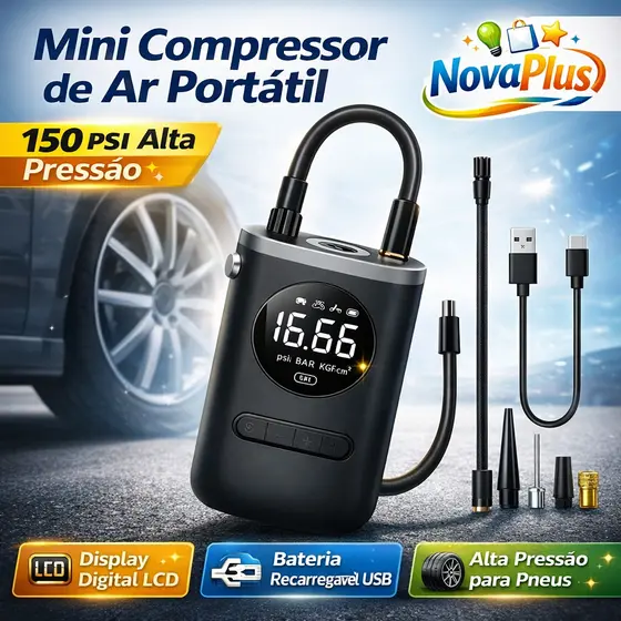 Compressor de Ar Portátil Digital USB Recarregável com Display LCD Inflador Elétrico para Pneus Carro Moto Bike Bola