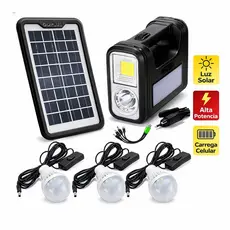 Kit solar portátil com lanterna LED e 3 lâmpadas, ideal para falta de energia, camping, pesca e uso doméstico.