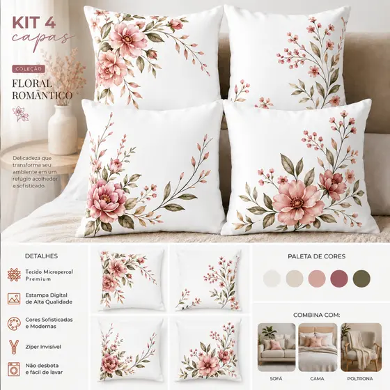 Kit 4 Capas Decorativas Floral Romântico Rosê Micropercal Premium 45x45