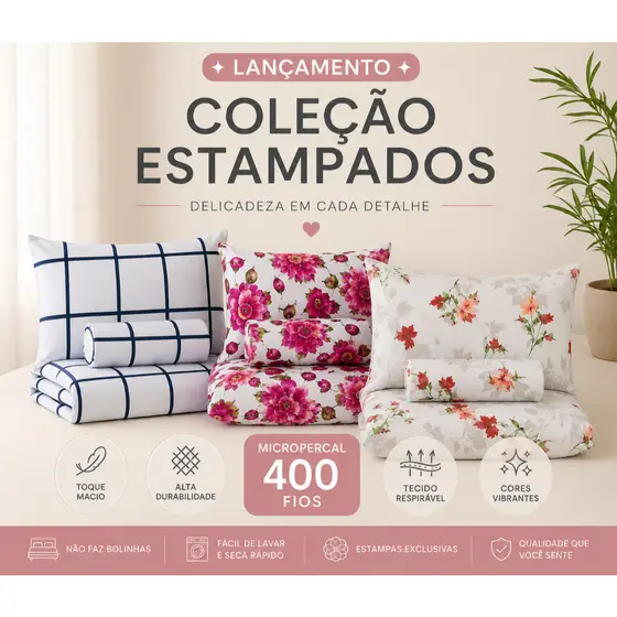 Jogo De Lençol 4 Peças Micropercal 400 Fios Casal Queen Solteiro Estampado Sortido Toque Macio