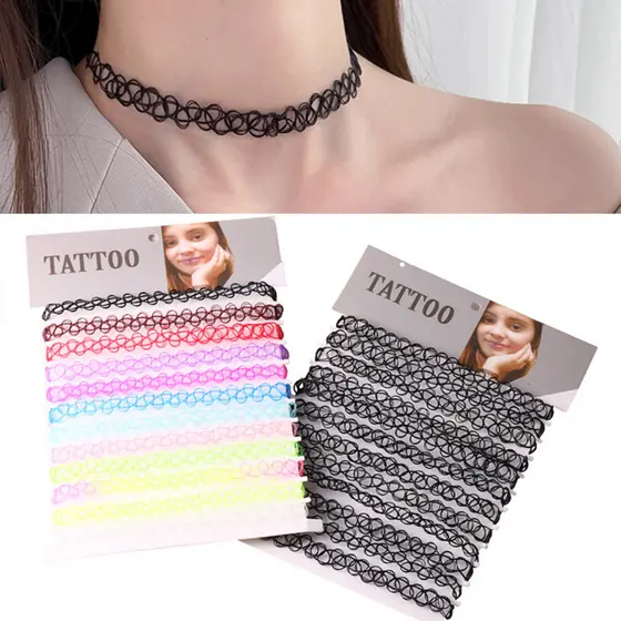 12 Peças Gargantilha Colar Chocker Coleira Tipo Tattoo De Nylon Preta