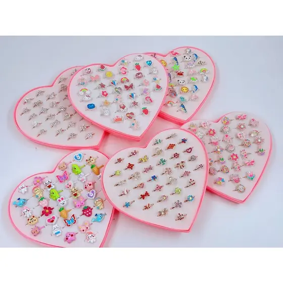 Kit 6/12/18/24/36 Unidades Anéis Infantil Menina + Caixa Coração / Ajustável Sortidos