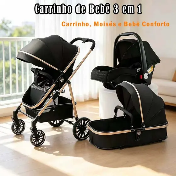 Carrinho de Bebê 3 em 1：Carrinho, Moisés e Bebê Conforto - Seguro e Confortável, O Preferido de Todas as Mamães!