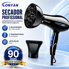 Secador de Cabelos Profissional com Difusor LONYAN 220V 127V 110V tecnologia com Ion 5 Níveis Quente Frio Silencioso