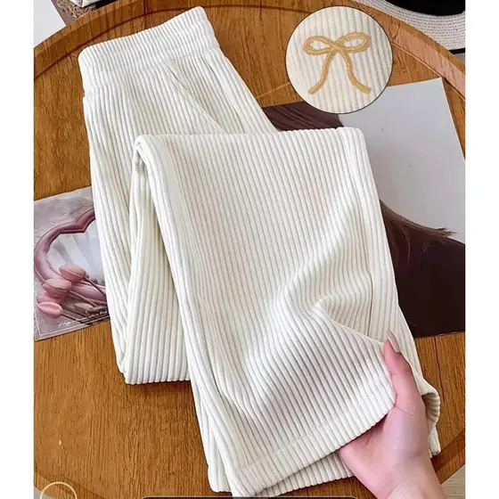 Calça Pantalona Feminino Cintura Alta Tecido Canelado Com Bolso