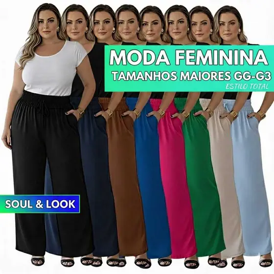 Calça Pantalona Plus Size Feminina Elástico Na Cintura Tecido Duna Premium