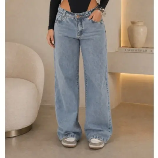 Calça Jeans Wide Leg Feminina Marmorizada Pantalona Boca Larga Cintura Alta Confortável Sofisticada